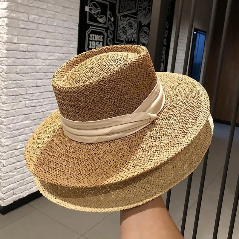 Damen Strohhut Französischer Stil Flacher Kopf Breitkrempig Sonnenschutz Urlaub Eleganter Strandhut Mit Band