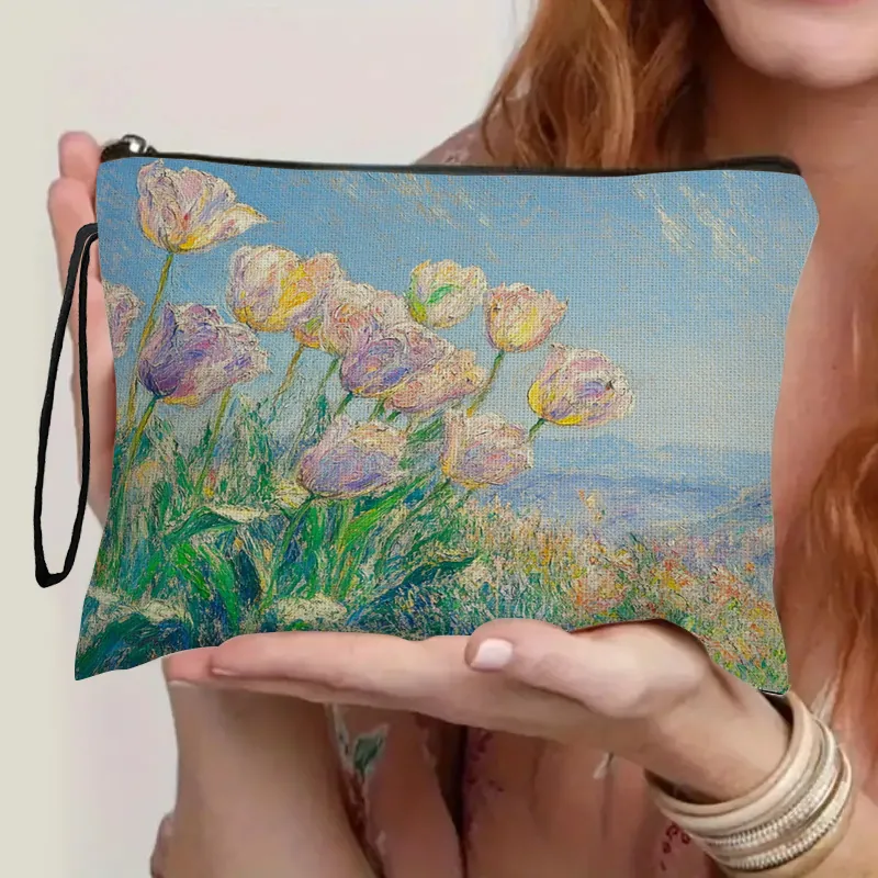 Impressionist Tulip Floral Print Makeup Bag Linen Fabric Zipper Cosmetic Pouch With Wristlet Strap For Women Travel Organizer