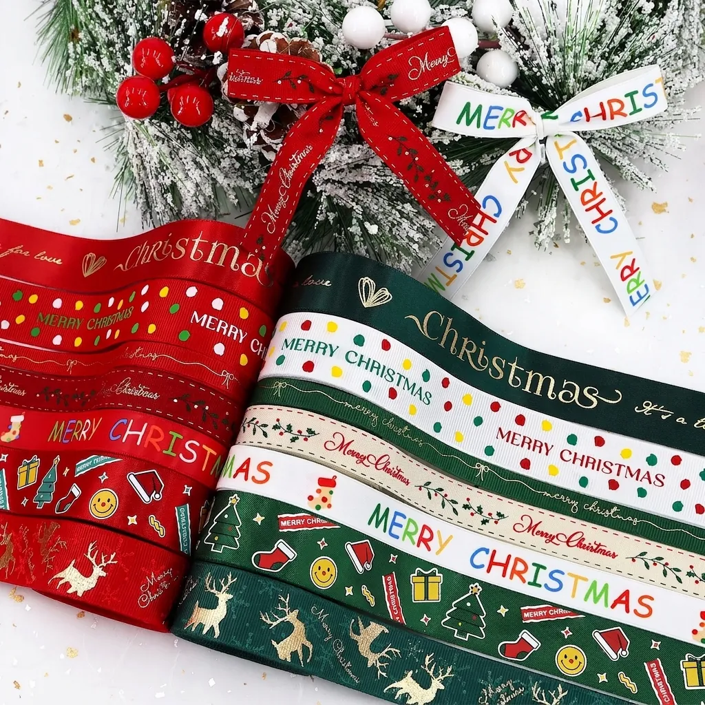 Christmas Ribbon Polyester Grosgrain Satin Fabric For Gift Wrapping Cake Decoration DIY Craft Merry Christmas Print