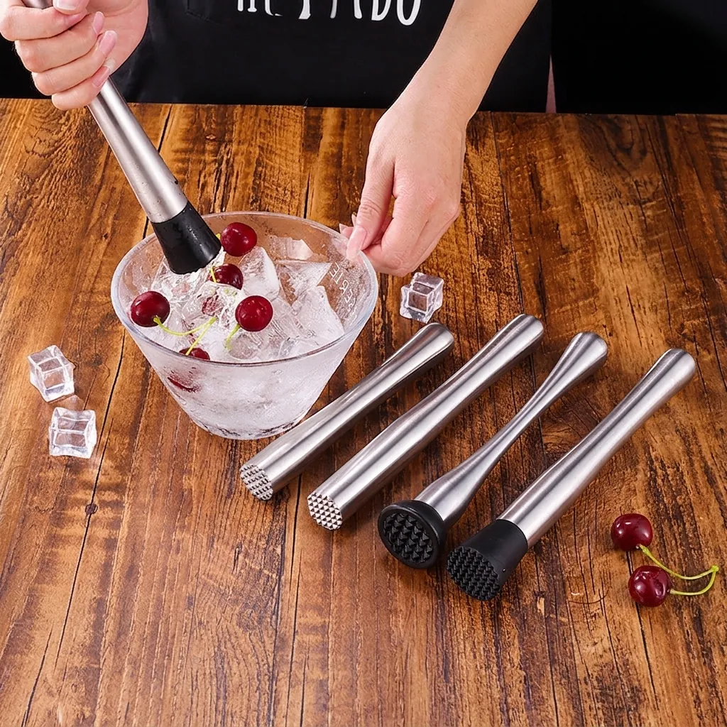 Cocktail Muddler Stainless Steel Grooved PP Head Manual Fruit Masher Lemon Crusher For Bar Home Drinks Beverage Tool