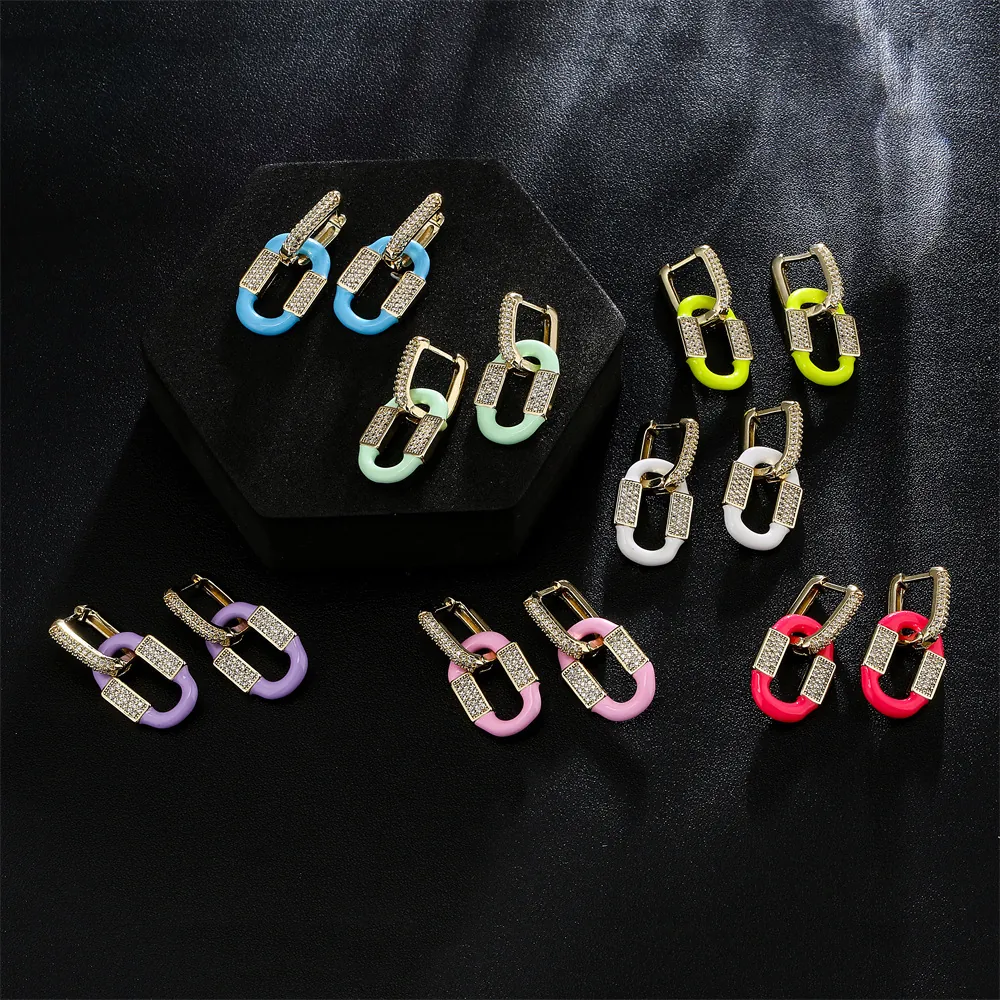 Orecchini A Cerchio Con Maglie Geometriche Rame Placcato Oro 18K Micro Zircone Smalto Colorato Gioielli Alla Moda Donna