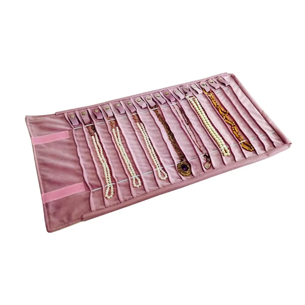 Velvet Jewelry Storage Roll Bag Portable Necklace Organizer With Metal Snap Slots Anti Tangle Folding For Travel