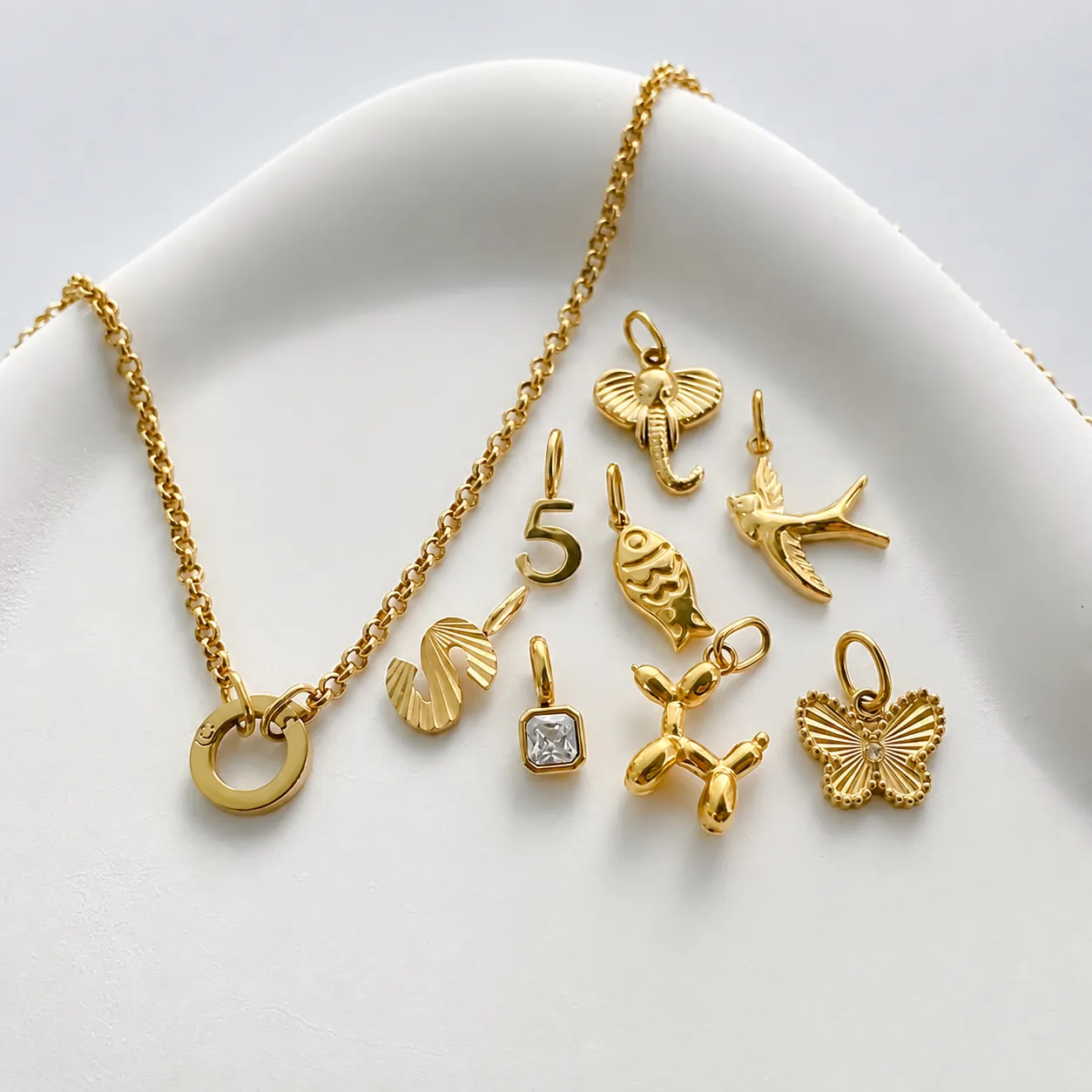 Stainless Steel 14K Gold Plated Swallow Elephant Balloon Dog Rhinestone Pendant DIY Necklace Set For Women Daily Jewelry Gift