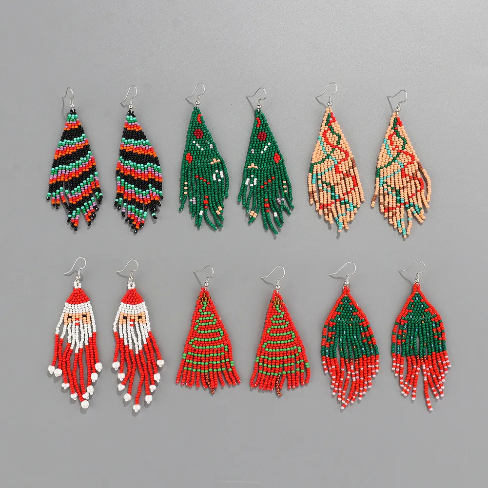 Handmade Christmas Seed Bead Tassel Earrings Santa Claus Christmas Tree Geometric Long Fringe Dangle Jewelry For Women Bohemian Ethnic Style