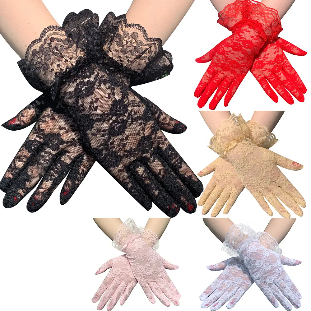 Elegant Floral Lace Gloves Short Full Finger Ruffled Cuffs Vintage Style For Wedding Party Prom Women Sun Protection
