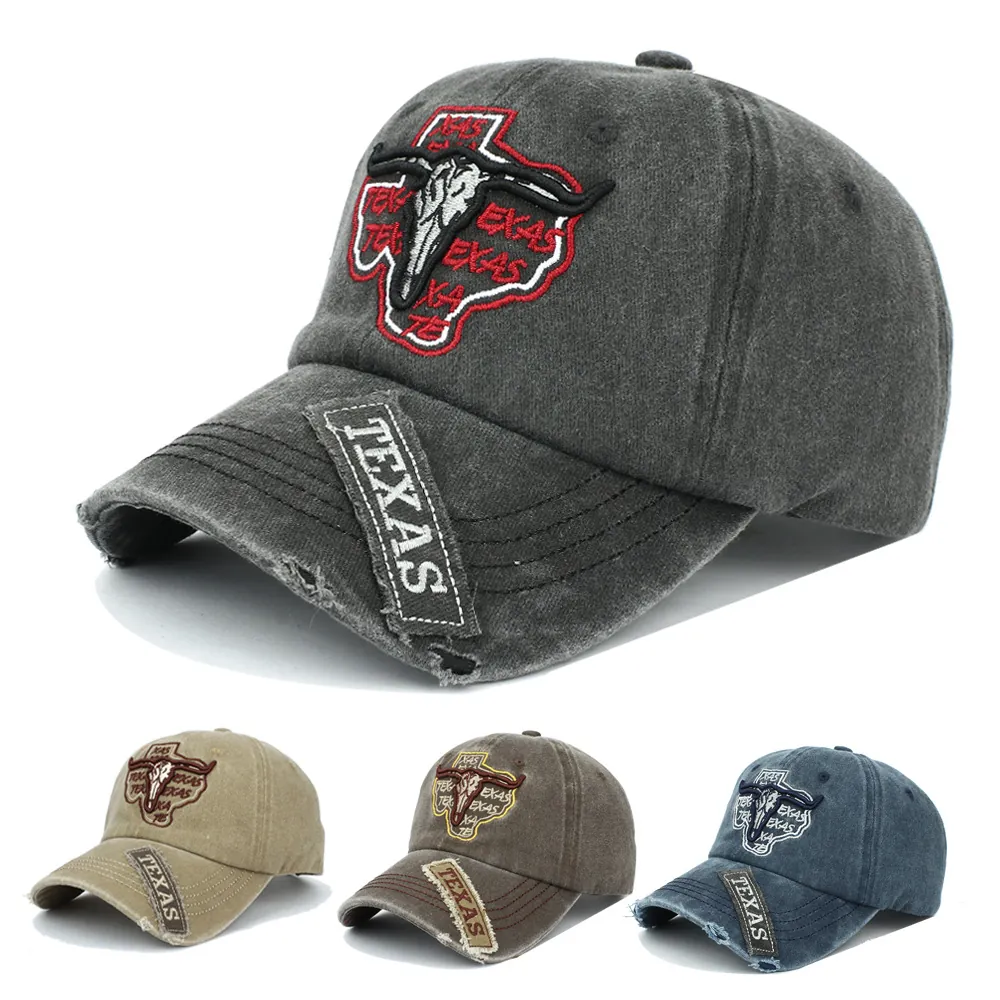 Vintage Washed Cotton Baseball Cap Embroidered Texas Bull Head Distressed Dad Hat Adjustable Unisex Outdoor Sunshade