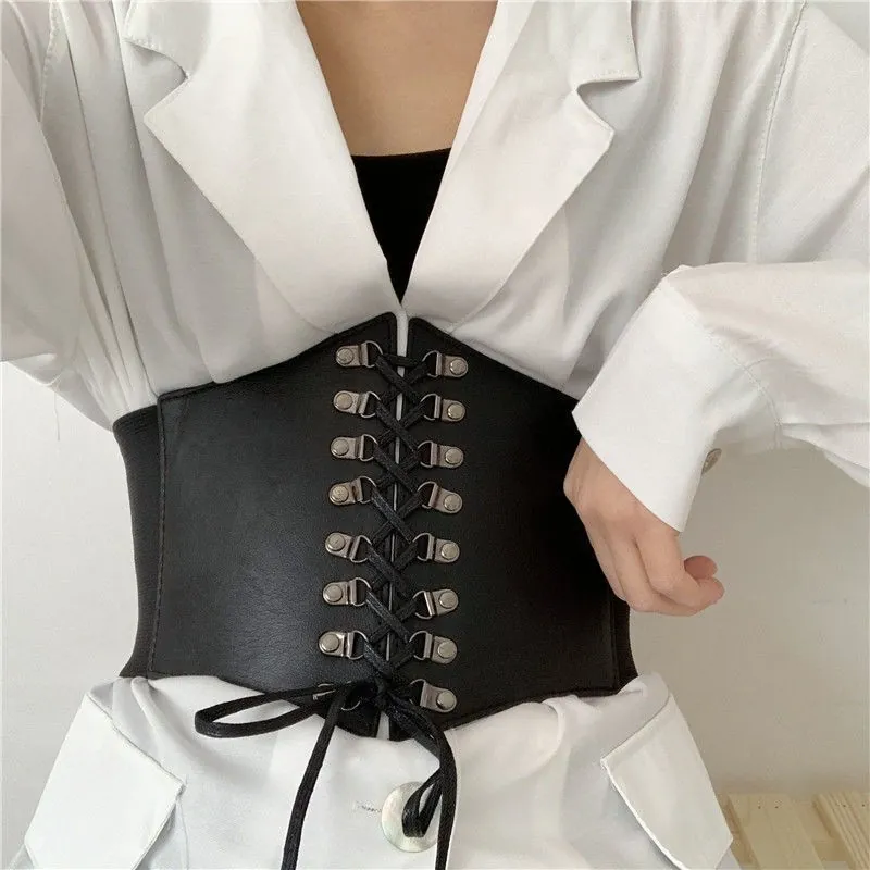 Women Wide Corset Belt PU Leather Elastic Waist Cincher Lace Up Retro Decorative Gothic Punk Fashion Accessories For Dress