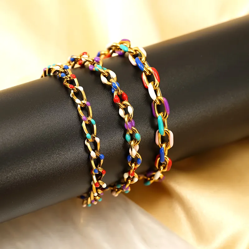 Colorful Enamel Cuban Link Bracelet 18K Gold Plated Stainless Steel Geometric Fashion Jewelry For Women Elegant