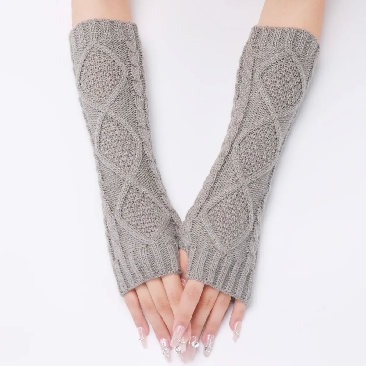 Knitted Arm Sleeves For Women Men Argyle Pattern Cable Knit Fingerless Gloves Winter Warm Wrist Covers Long Hand Warmers
