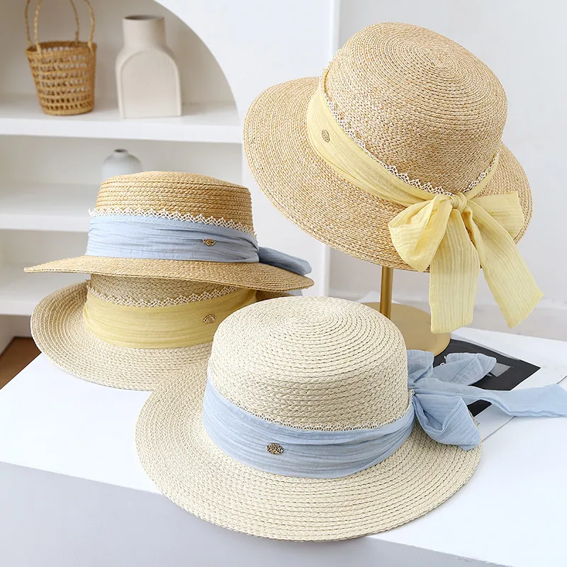 Women Straw Sun Hat French Elegant Paper Straw Flat Top Boater With Lace Ribbon Bow For Beach Travel Summer