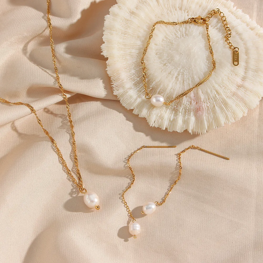 Collana Bracciale Orecchini Con Ciondolo Perla Artificial Acciaio Inossidabile Placcato Oro Catena Onda Elegante Donna Gioielli