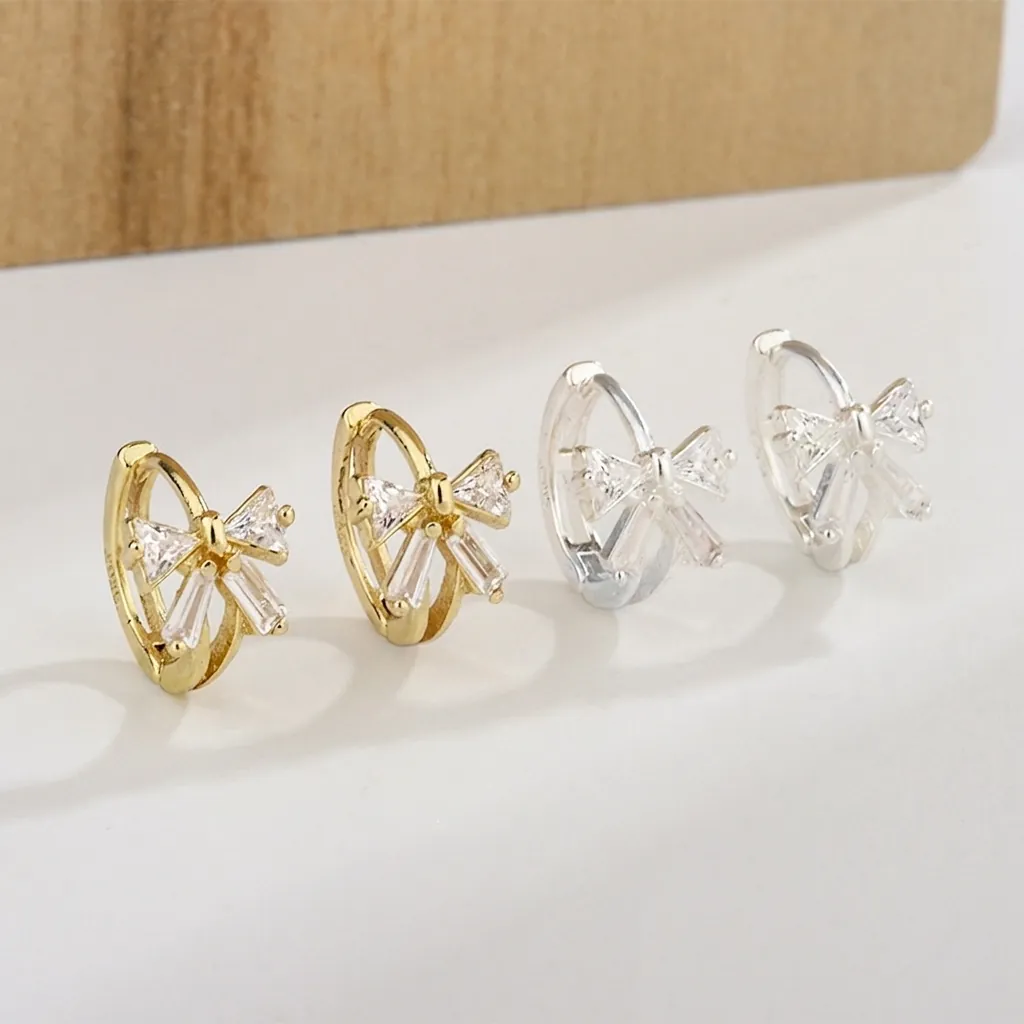 Bowknot Shape Copper Hoop Earrings With Sparkling Cubic Zirconia And Silver Earring Post For Women Elegant Jewelry