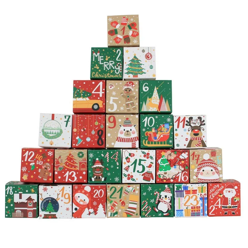 Christmas Advent Calendar Candy Gift Boxes Cardboard Square Holiday Party Favor Small Treat Containers Cartoon Pattern