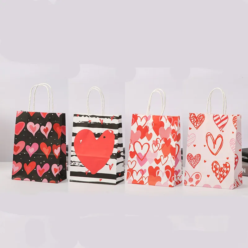 Heart Pattern Valentine's Day Gift Bag Wedding Printed Shopping White Cardboard Birthday Handheld Portable Gift Bag