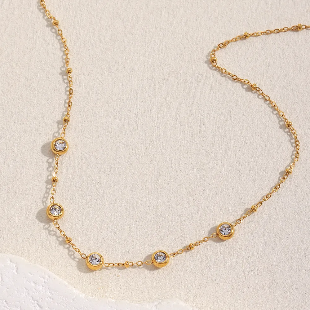 Collier En Acier Inoxydable Plaqué Or 18K Avec Zircon Rond Chaîne À Billes Mode Simple Pour Femmes
