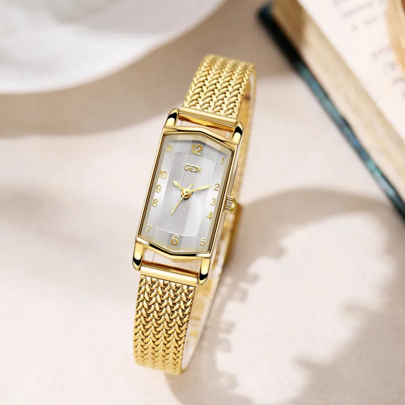 Women Vintage Quartz Watch Elegant Rectangular Small Dial Alloy Case Stainless Steel Mesh Strap Minimalist Waterproof Luxury