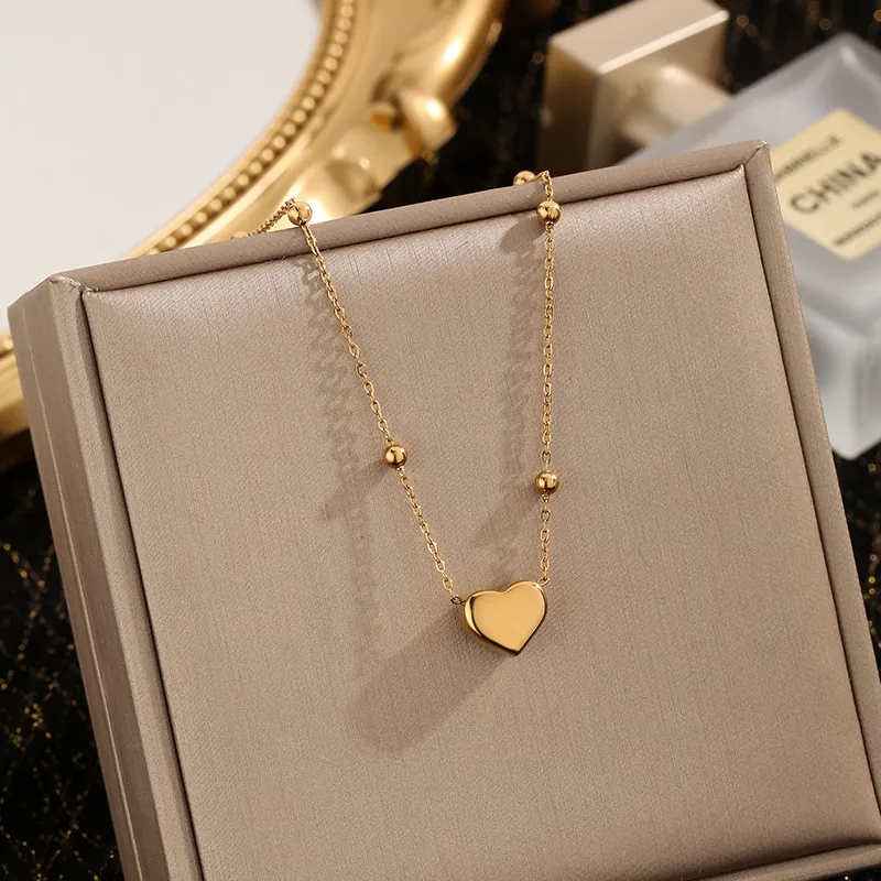 Stainless Steel Heart Pendant Necklace For Women Elegant Beaded Chain Gold Silver Color Minimalist Heart Shape Choker Jewelry Gift