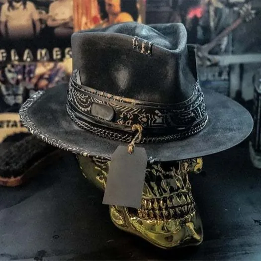 Gothic Fedora Hat With 3D Skull Embossed Crown EVA Flocking Felt Halloween Punk Party Cowboy Hat Feather Metal Chain