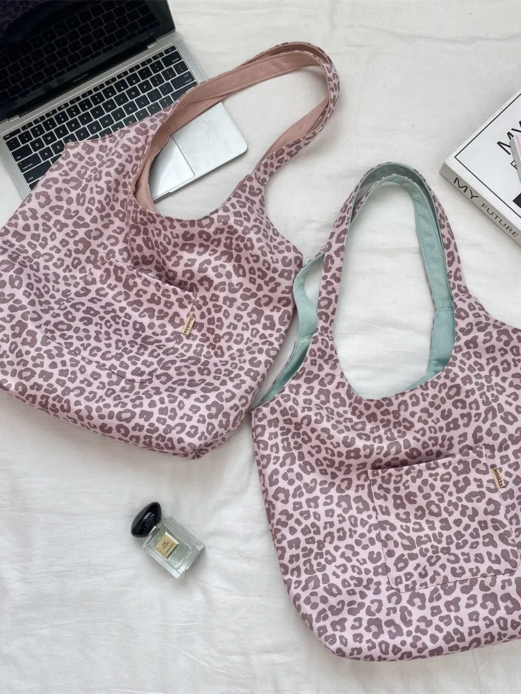 Large Capacity Leopard Print Suedette Tote Bag Retro Casual Shoulder Bag With Front Pocket For Women