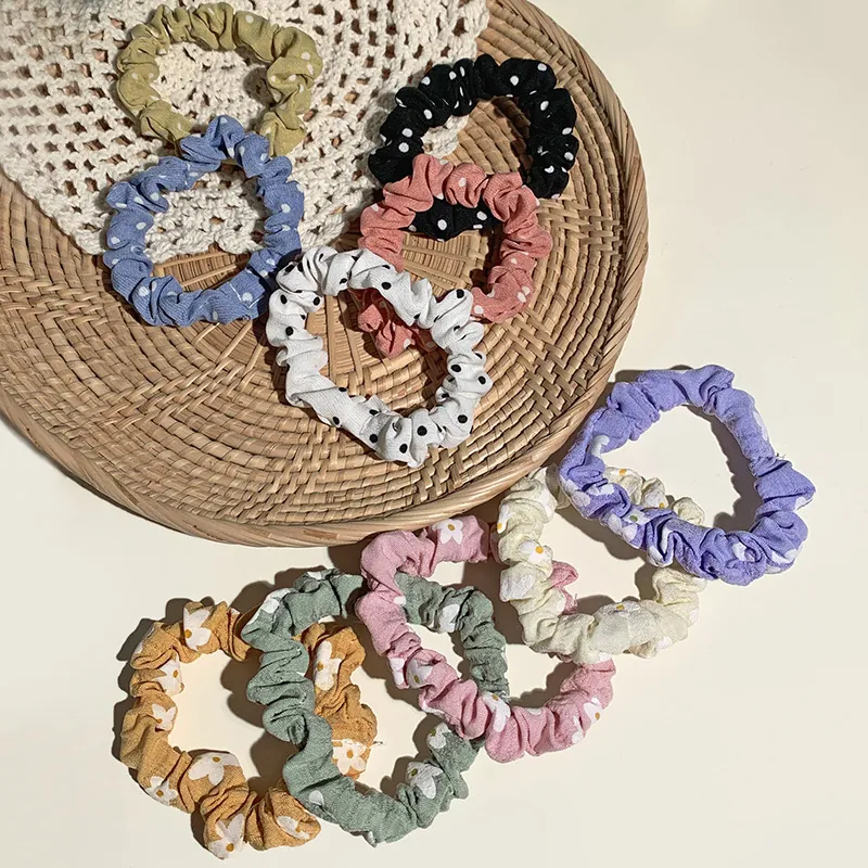 Hair Scrunchies Fabric Elastic Polka Dot Floral Daisy Retro French Style Ponytail Holder Hair Ties For Women Girls
