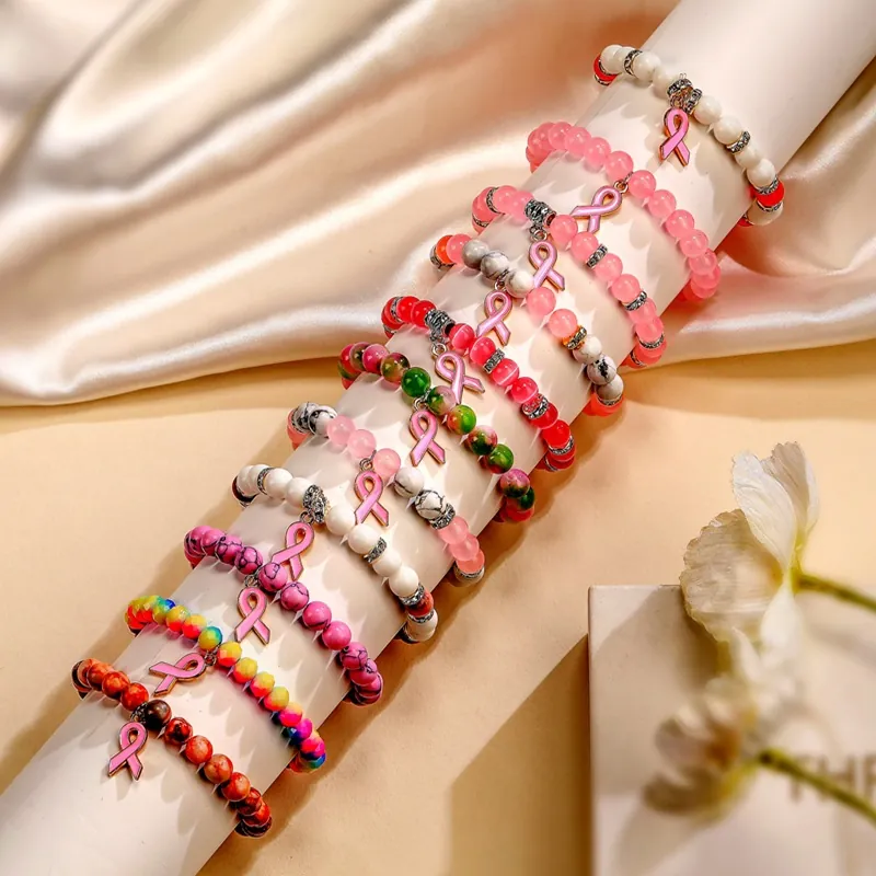 Bracelet En Perles D'Agate Pierre Naturelle Pendentif Ruban Rose Sensibilisation Cancer Du Sein Unisexe