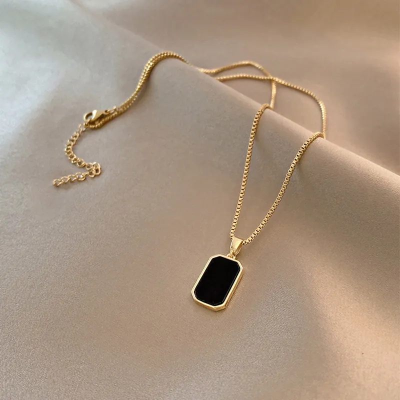 Alloy Pendant Necklace With Black Rectangle Charm Gold Color Box Chain Minimalist Trendy Jewelry For Women