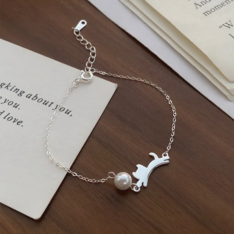 Bracciale In Argento Sterling 925 Minimalista Con Perla Artificial E Ciondolo A Forma Di Gatto Gioielli Alla Moda Regolabili Da Donna
