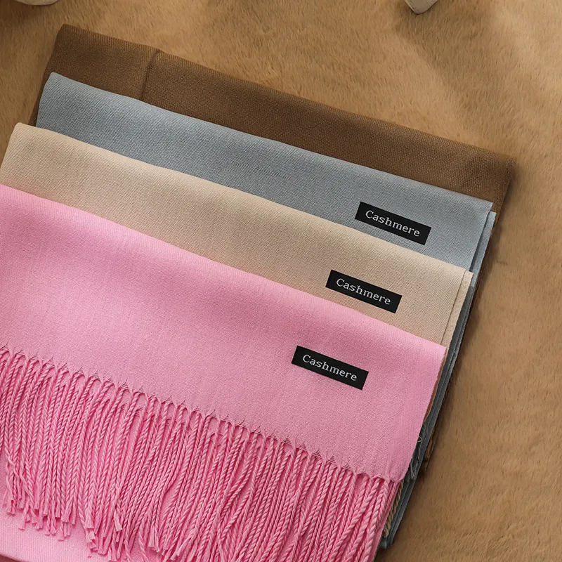 Solid Color Winter Scarf Polyester Imitation Cashmere Warm Tassel Shawl For Women Elegant Versatile Soft Pashmina