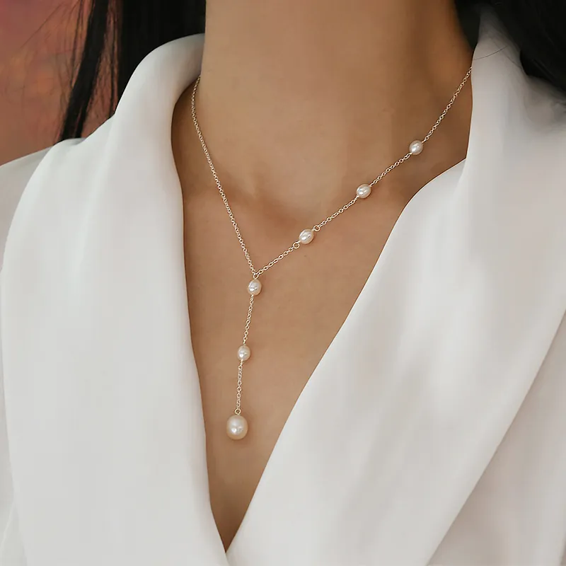 Elegant Y-Shaped Freshwater Pearl Lariat Necklace With 925 Sterling Silver Chain For Women French Vintage Style