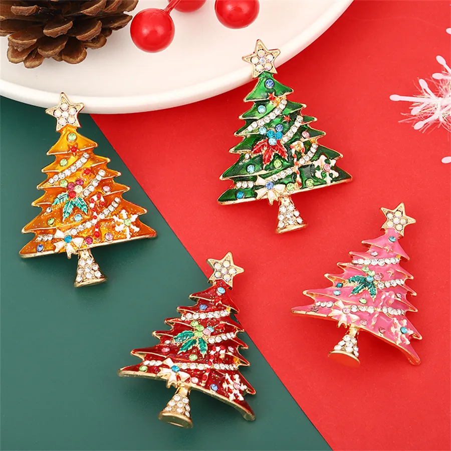 Christmas Tree Brooch Pin Alloy Enamel Rhinestone Festive Holiday Ornament Decoration Winter Fashion Jewelry For Women