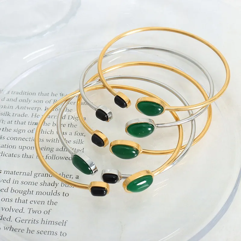 Vintage Palace Style Titanium Steel Open Cuff Bracelet With Black Agate Green Stone Inlaid Retro Jewelry For Women Jewelry