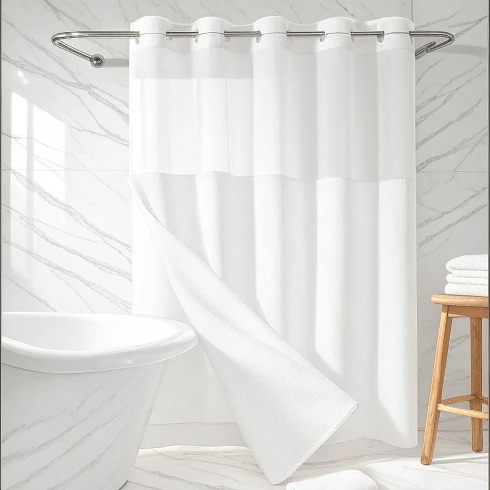 Hookless Shower Curtain Waffle Weave Polyester Fabric Mesh Top Window Removable Snap In Liner Waterproof Weighted Hem