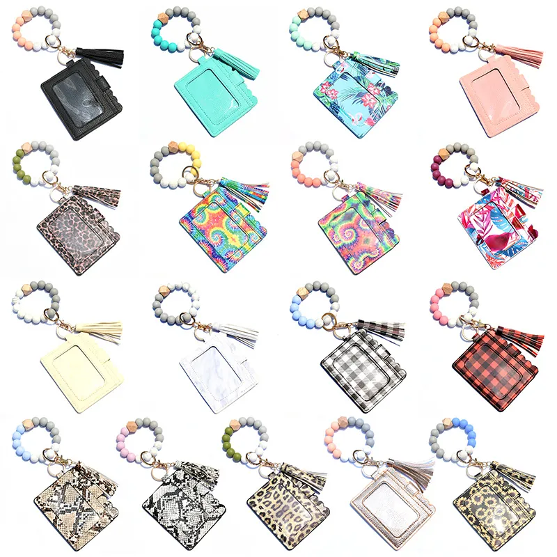 Wristlet Keychain With Silicone Beads And PU Leather Card Holder Tassel Charm Portable ID Badge Holder For Women