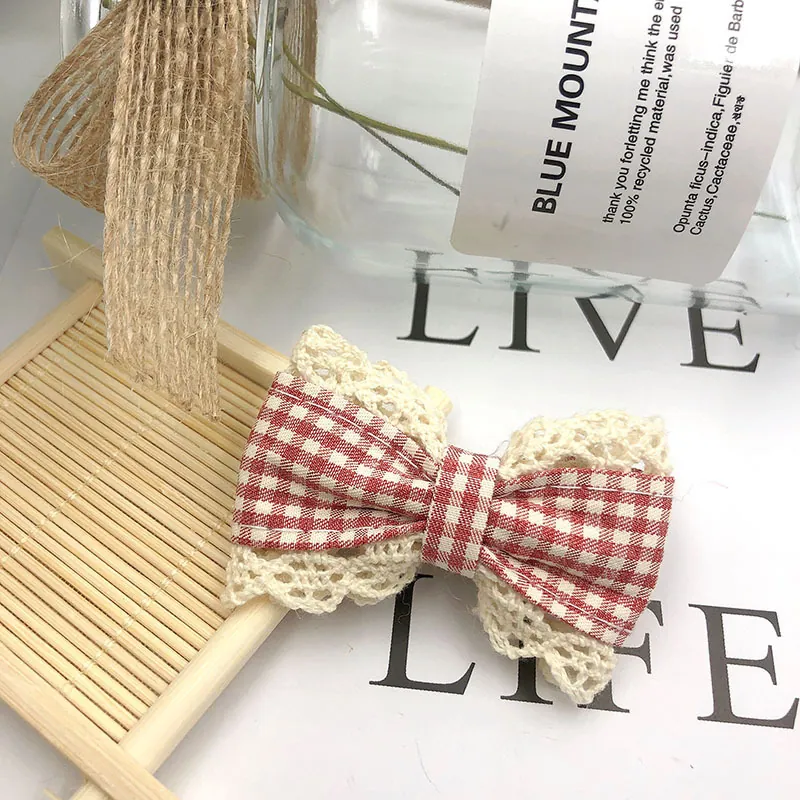 Plaid Bow Hair Clips With Lace Trim Gingham Fabric Bowknot Accessory For Girls Women Korean Style