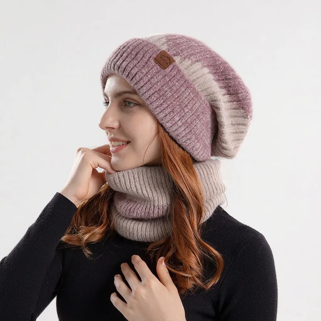 Winter Strickmütze Und Halswärmer Damen Acryl Fleecegefüttert Warm Winddicht Zweifarbig Beanie Schal