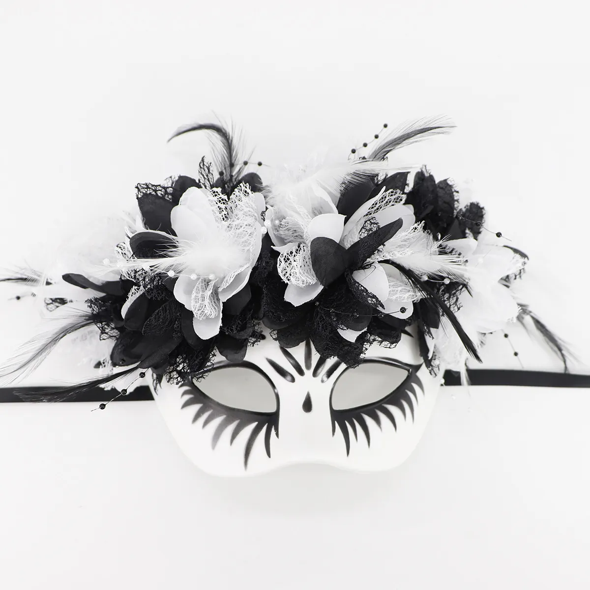 Mexican Day of the Dead Masquerade Mask Halloween Party Mask with Flowers Lace Feathers Black White Ghost Mask for Cosplay