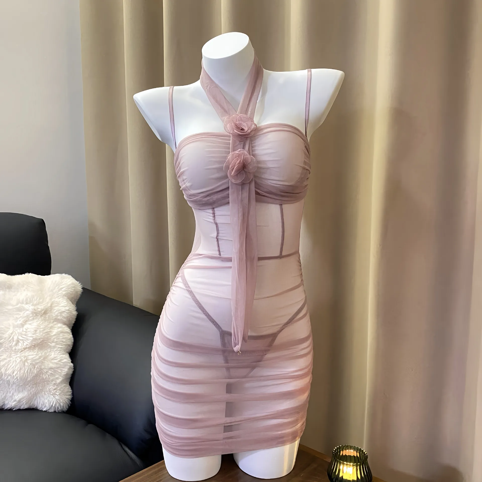 Sexy Mesh Ruched Mini Dress And Thong Lingerie Women See Through Hollow Out With Flower Decor Bodycon Nightwear