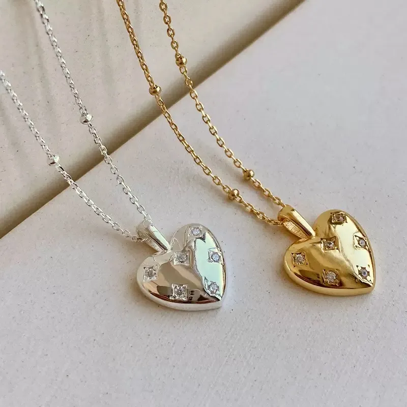 S925 Sterling Silver Eighteen K Gold Plated Heart Pendant Necklace Rhinestone Inlaid Sweet ins Style Clavicle Chain Jewelry For Women