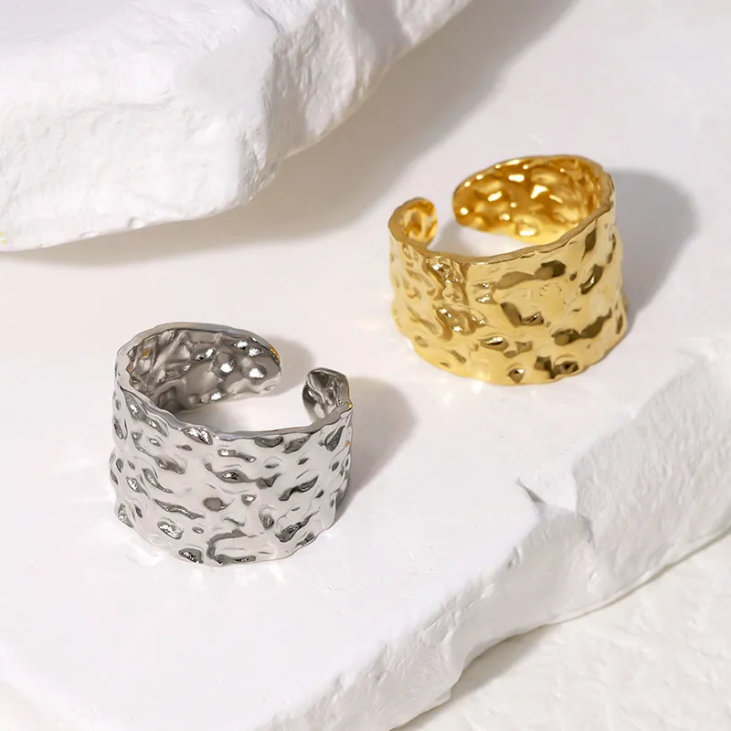 Hammered Stainless Steel Adjustable Open Ring For Women 18K Gold Plated Irregular Chunky Punk Minimalist Jewelry