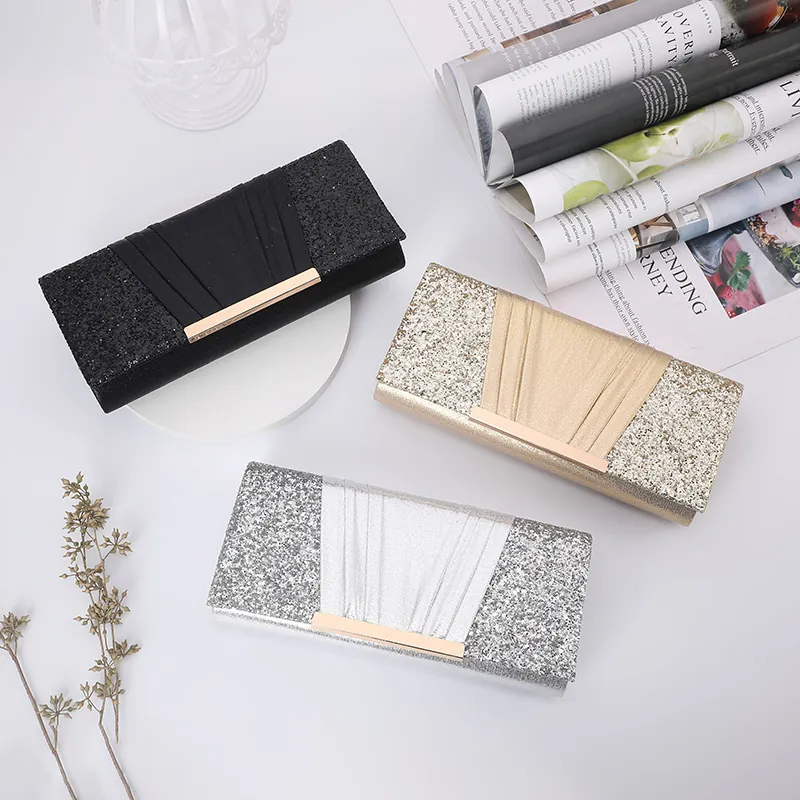 Evening Clutch Bag Glitter Sequins Pleated Formal Party Wedding Handbag With Detachable Chain For Women