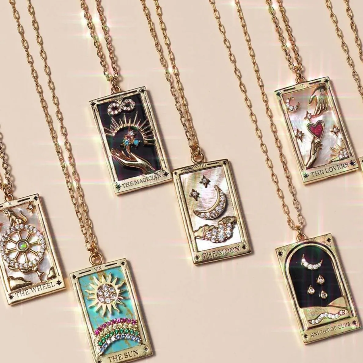 Collana Pendente Carta Tarocchi Retro Placcato Oro Rame Smalto Zircone Medaglione Rettangolare Gioielli Vintage Per Donne