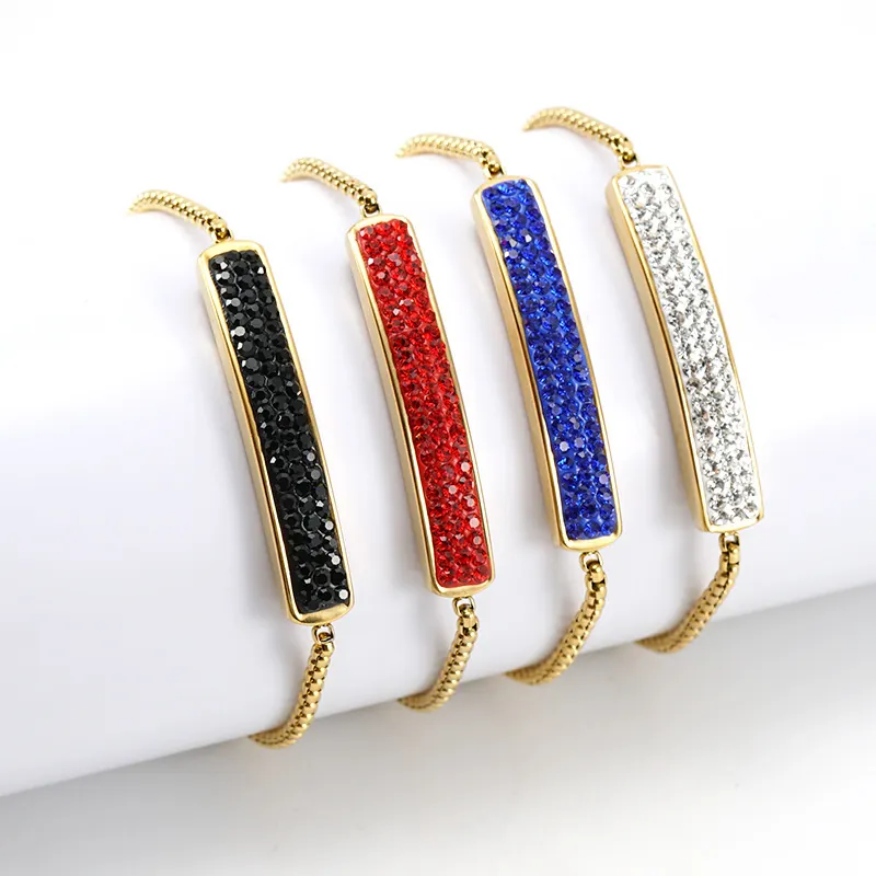 Adjustable Slider Bracelet Stainless Steel 18K Gold Plated Cubic Zirconia Bar Fashion Jewelry For Women