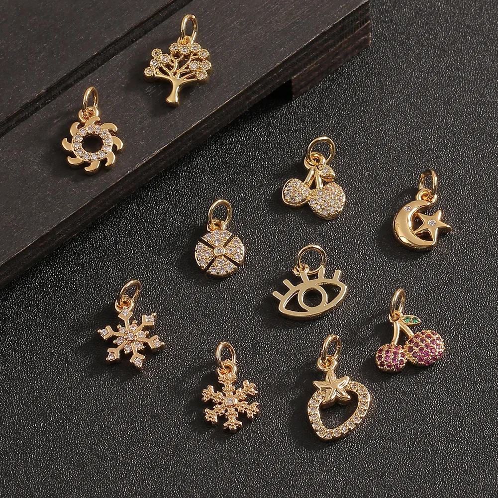 DIY Gioielli Ciondoli Pendenti Rame Zircone Placcato Oro Albero Della Vita Ciliegia Fiocco Di Neve Sole Luna Occhio Croce Accessori