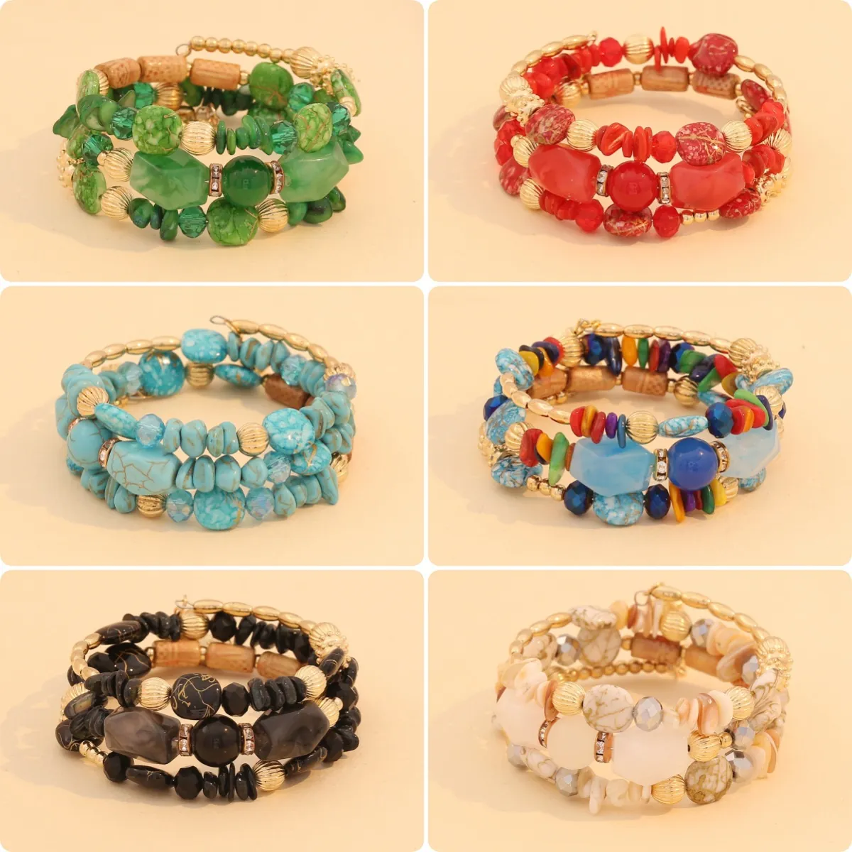 Bohemian Multi Layer Beaded Bracelet With Natural Stone Acrylic Metal Wood And Shell Beads Elastic Stretch Stackable