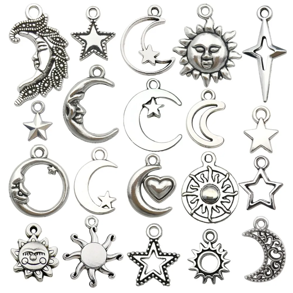 Celestial Star Moon Sun Alloy Pendants For DIY Jewelry Making Vintage Silver Color Hanging Charms Accessories