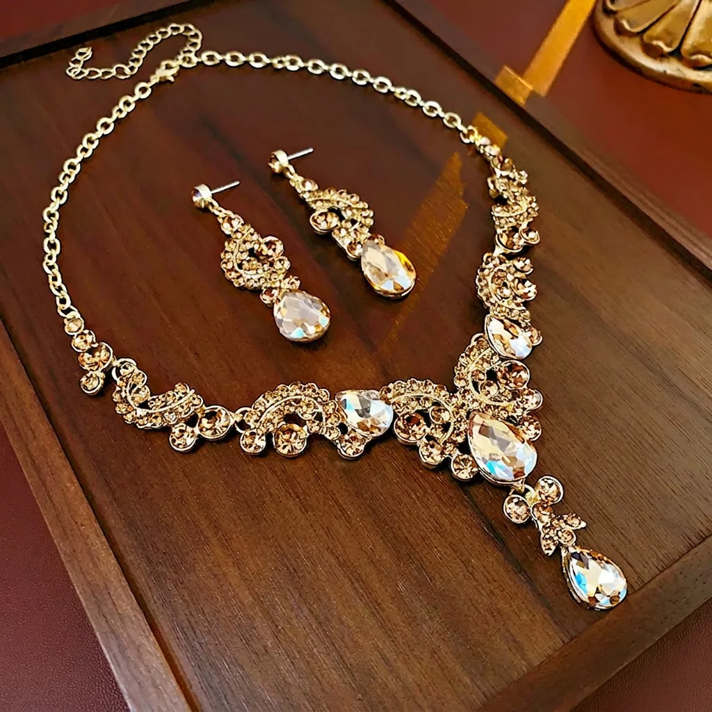 Collana E Orecchini In Lega Con Strass Vintage Champagne Goccia D'acqua Pendente Per Donna Gioielli Eleganti