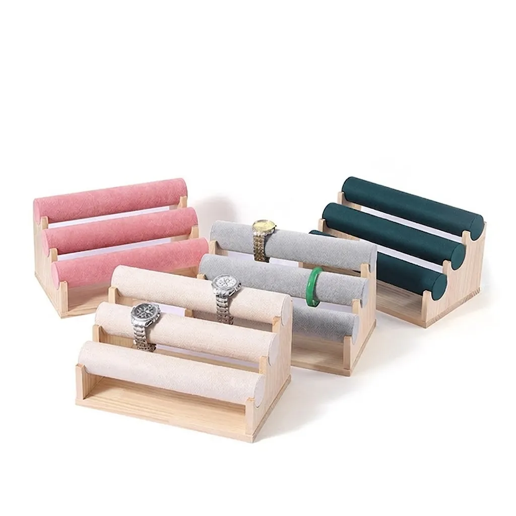 T-Bar Jewelry Display Stand Wooden Base Bracelet Holder Watch Rack With Velvet Or Leather Surface Bangle Organizer