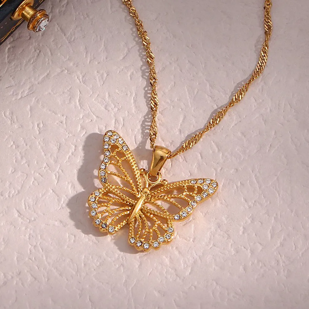 Stainless Steel Butterfly Pendant Necklace Hollow Zirconia Animal Gold Water Wave Chain Fashion Commuter Jewelry For Women