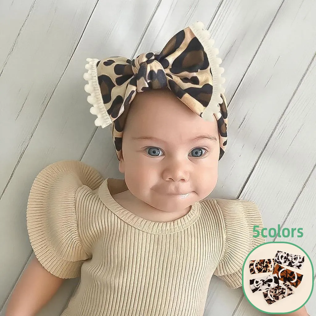 Baby Headband Polyester Leopard Cow Print Bow With Pom-Poms Elastic Soft Hair Accessory For Toddler Girls