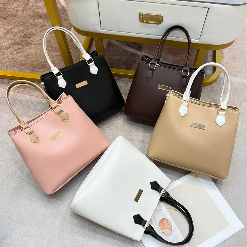 Fashion PU Leather Handbag Women Elegant Top Handle Shoulder Bag Gold Metal Decor Structured Crossbody Purse